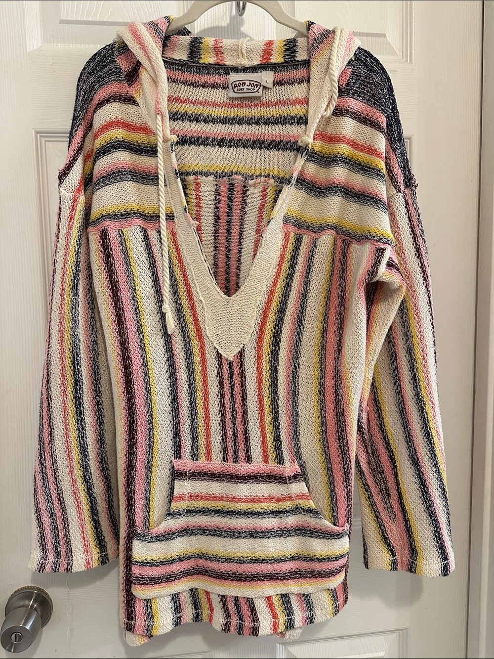 Ron Jon Cream Multicolor Striped V-Neck Hoodie Sweater